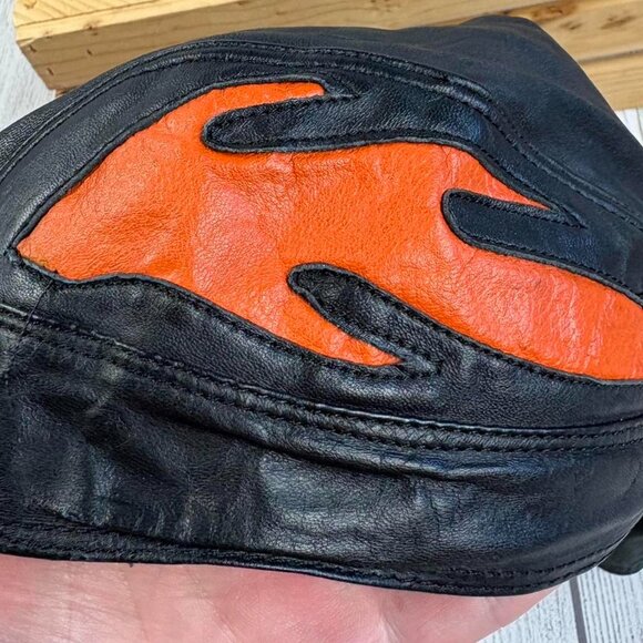 Black Leather Biker Skull Cap / Head Wrap with Orange Flames - Picture 5 of 6